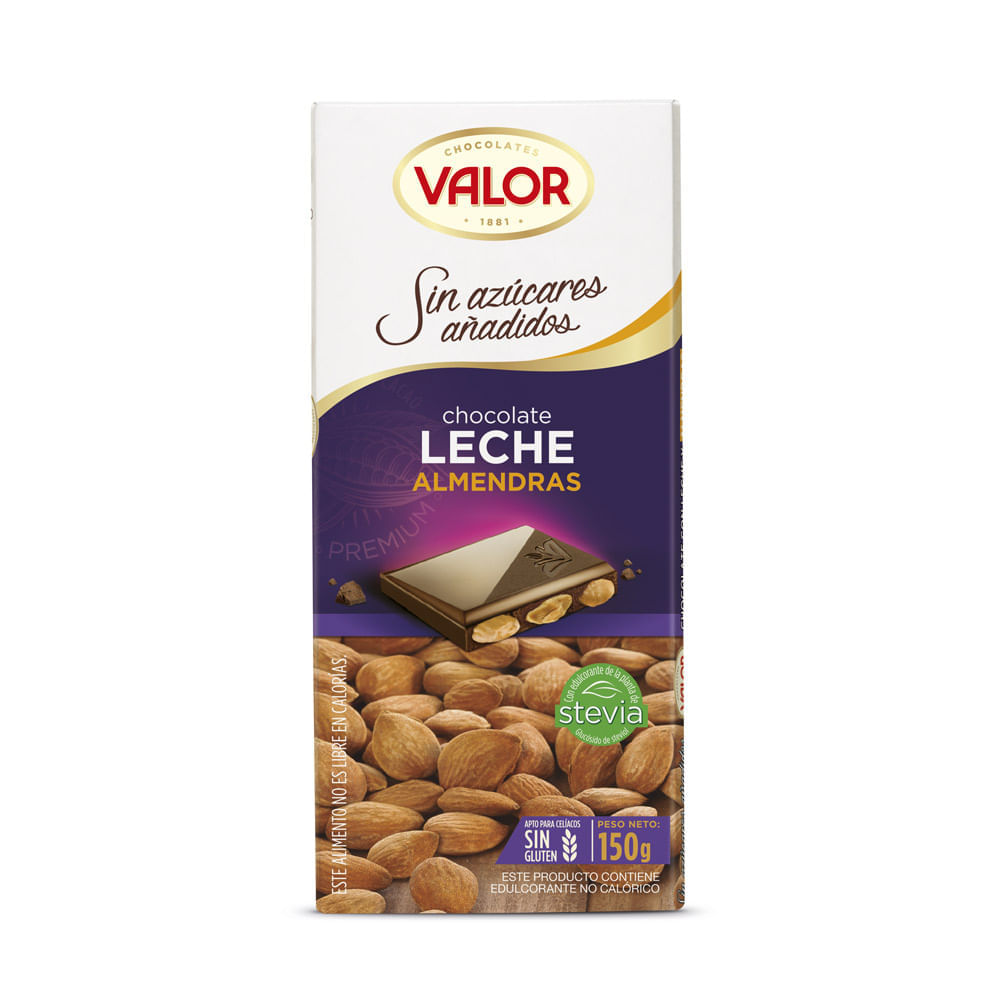 Chocolate de Leche con Almendras Sin Azúcar Añadida Valor Tableta 150 g