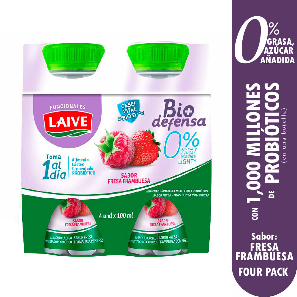 Pack x4 Alimento Fermentado Fresa Laive Bio Defensa Light 100ml