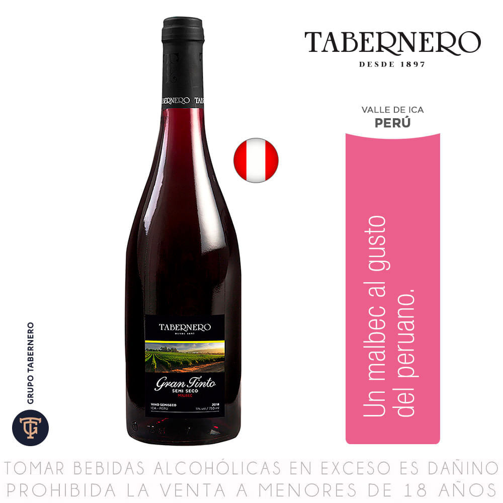 Vino Gran Tinto Semi Seco Tabernero Botella 750 l