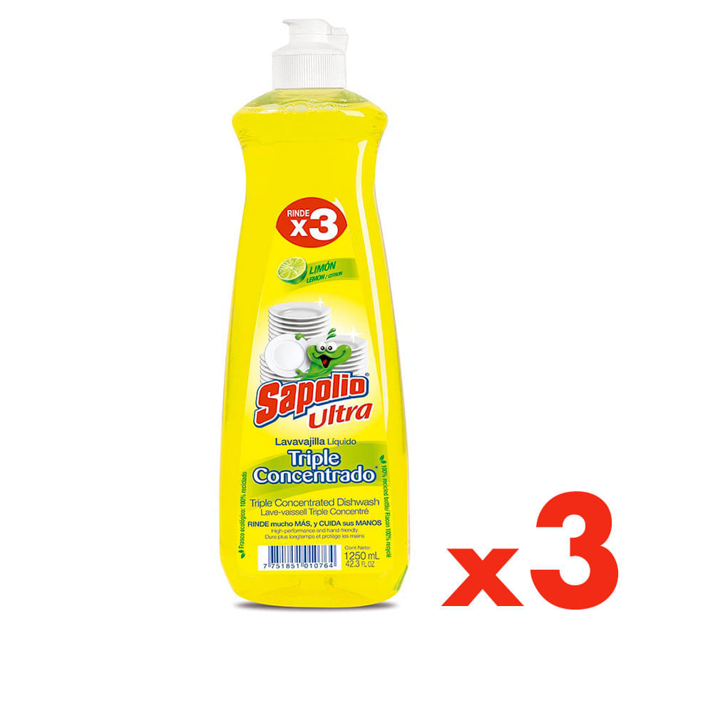 Lavavajilla Liquida Sapolio Limon Pack 3 Frascos de 750 ml C/u