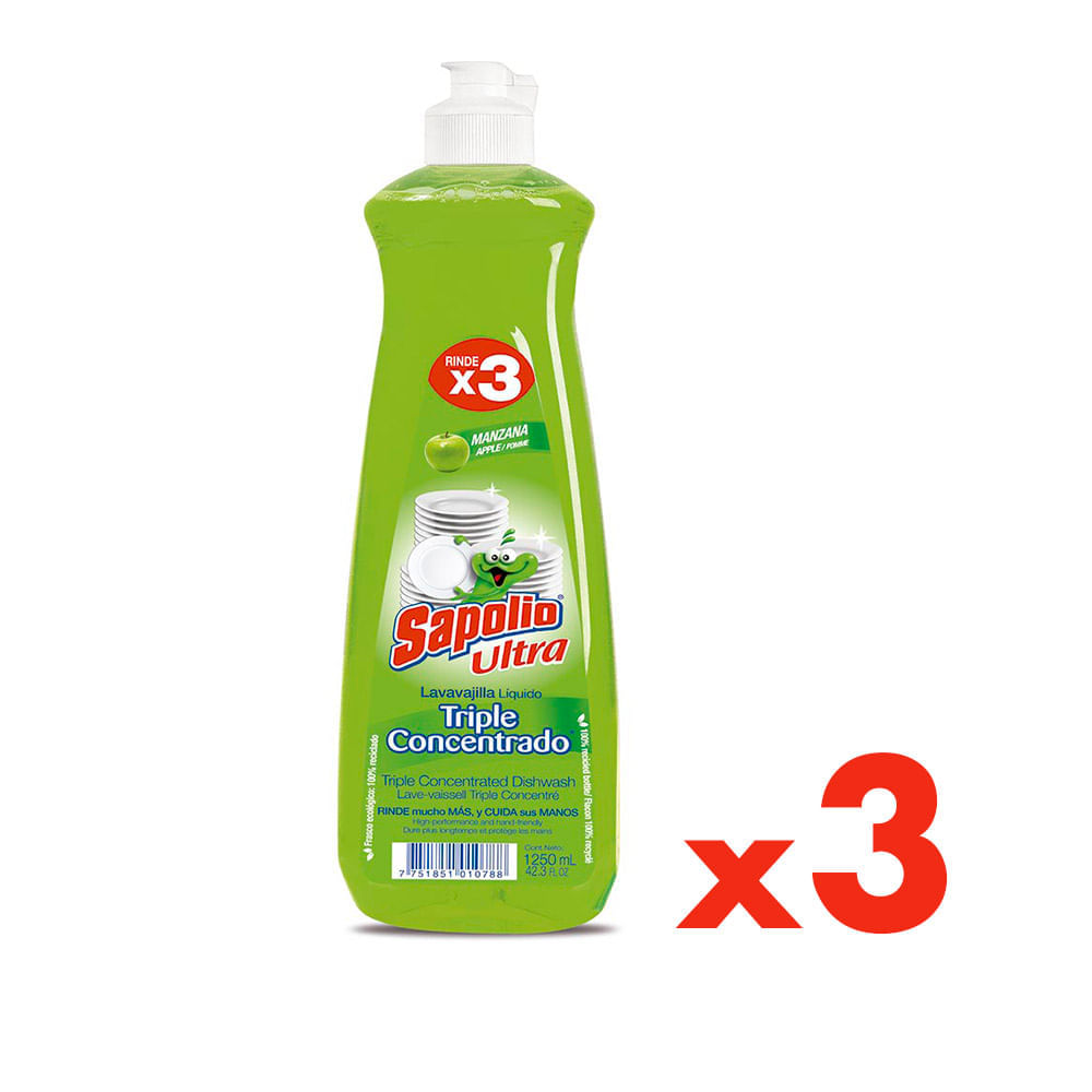 Lavavajilla Liquida Sapolio Manzana Pack 3 Frascos de 750 ml c/u