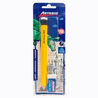 Artesco Lápiz Triangular Amarillo 2HB Pack 3 unid + Borrador + Tajador Metálico
