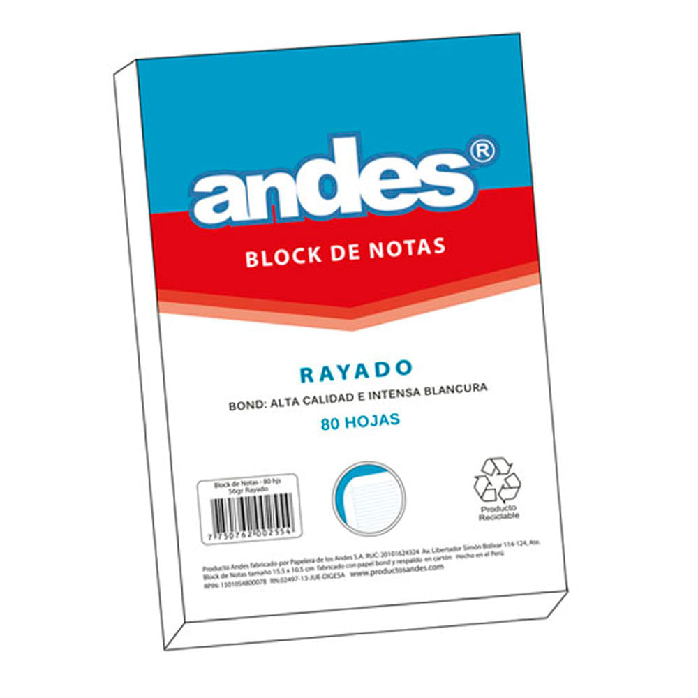Block Encolado 15.5 x 10.5 80 Hojas Rayado