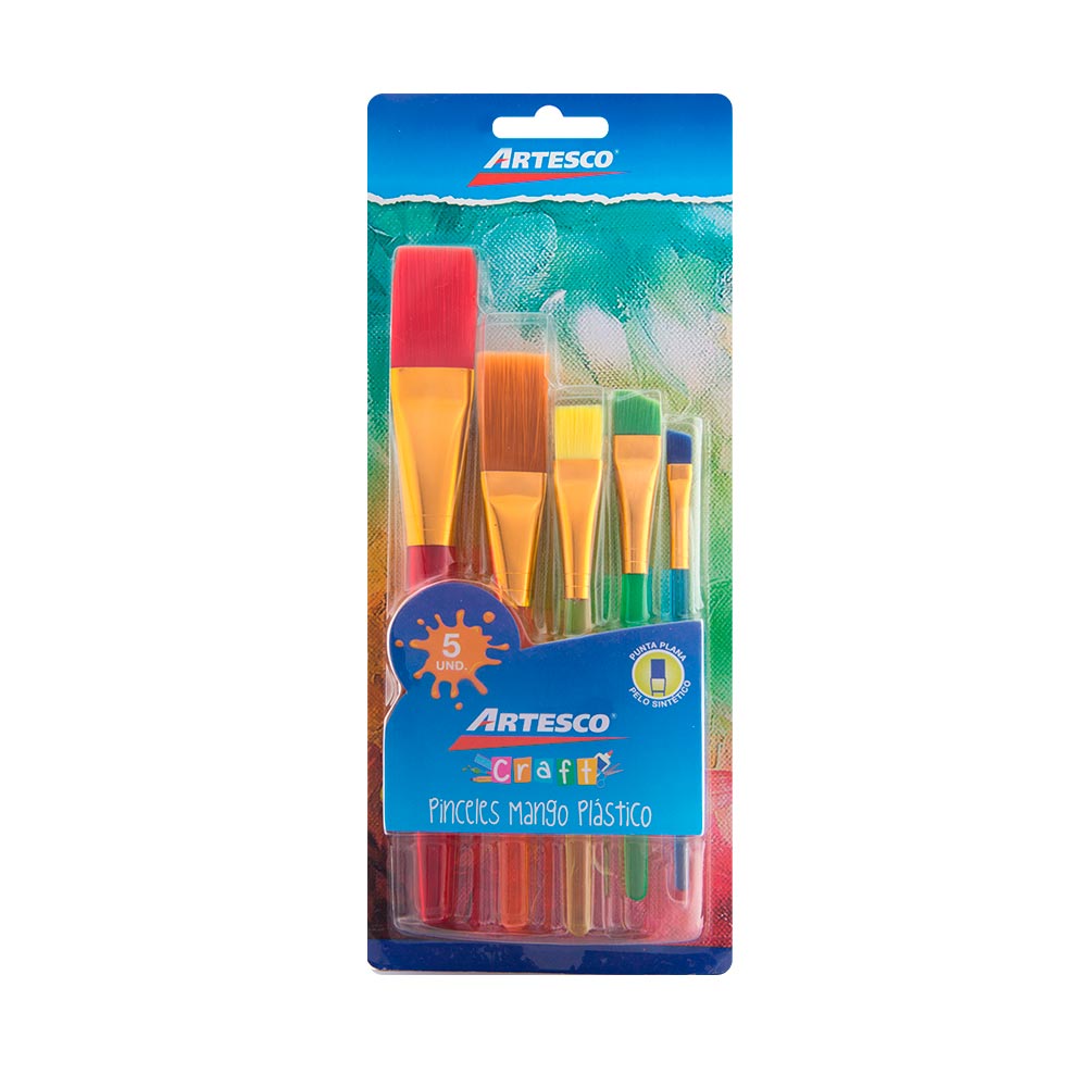 Set X 5 Pinceles P Nylon Sintetico Punta Plana Mango Colores