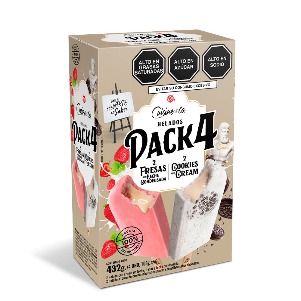 Paletas de Helado Cuisine & Co: Fresa con Leche 2un + Cookies & Cream 2un