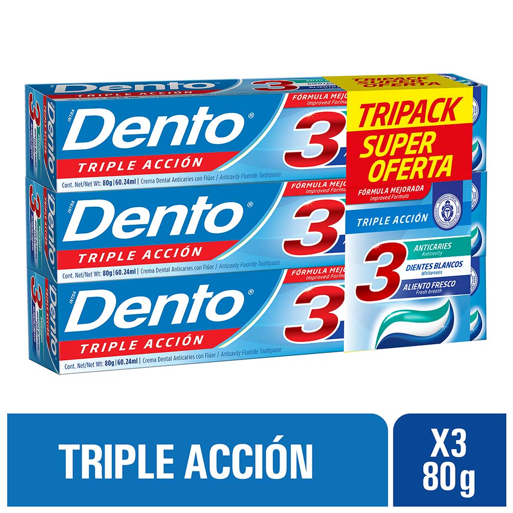 Pasta Dental DENTO Triple Acción Tripack Tubo 80g