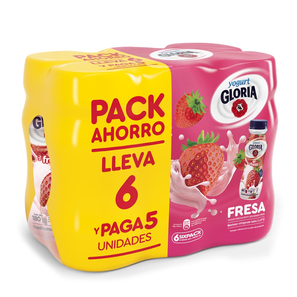 Sixpack Yogurt Gloria Sabor Fresa Botella 180g