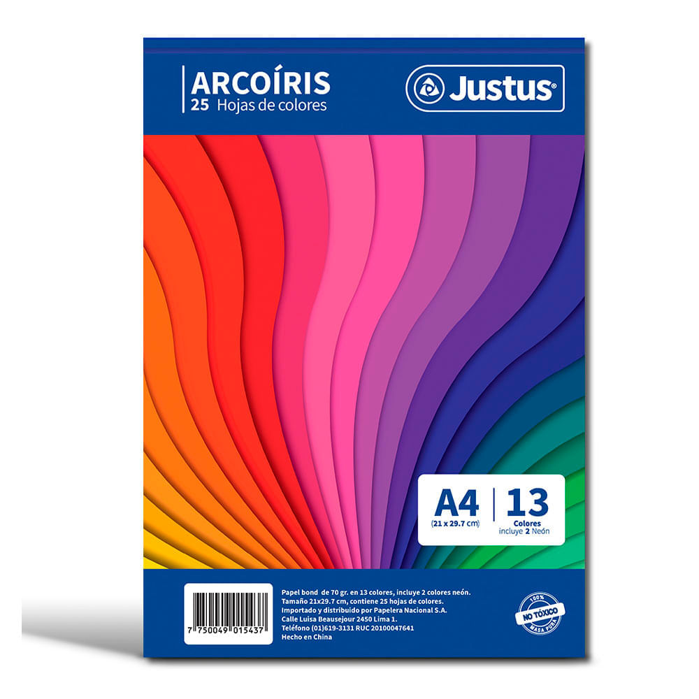Papel Bond Arcoiris A4 Justus Justus 13 Colores 25H