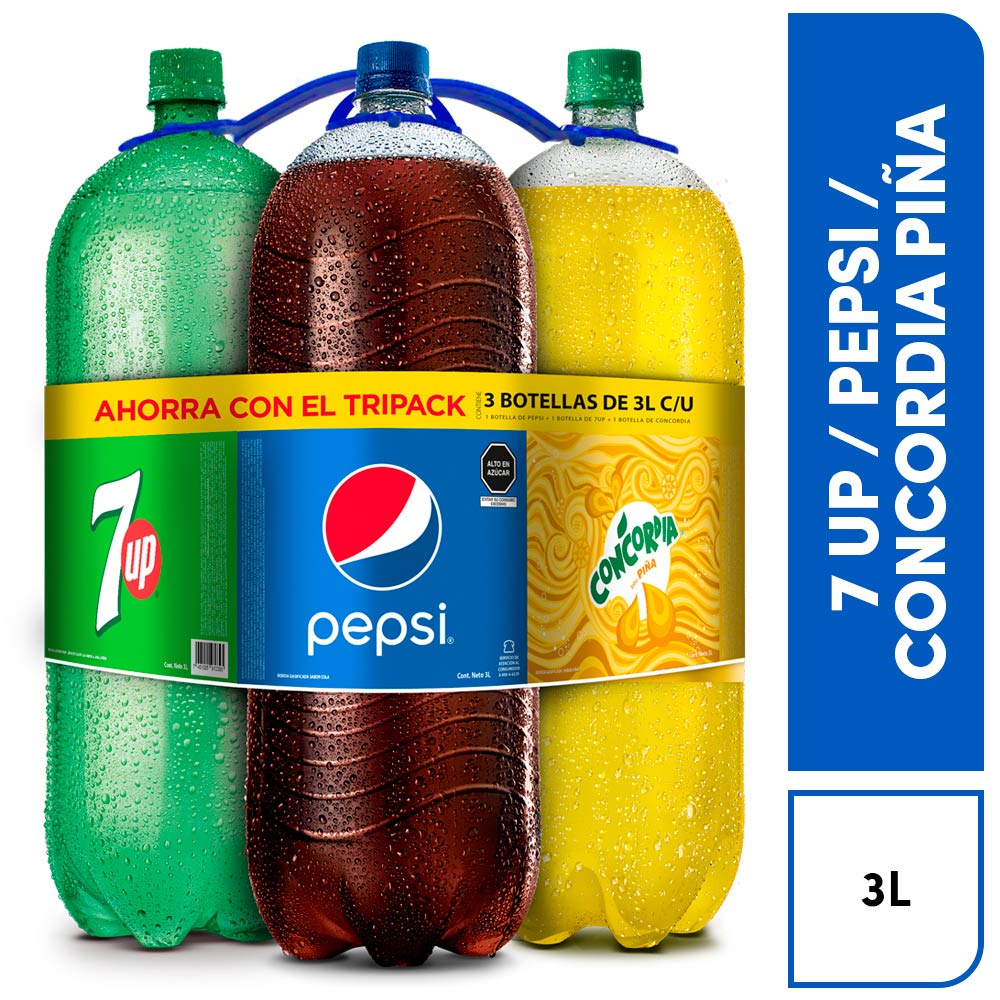 Gaseosa Pepsi + 7Up + Concordia Sabor Piña Pack 3 Botellas de 3 L c/u