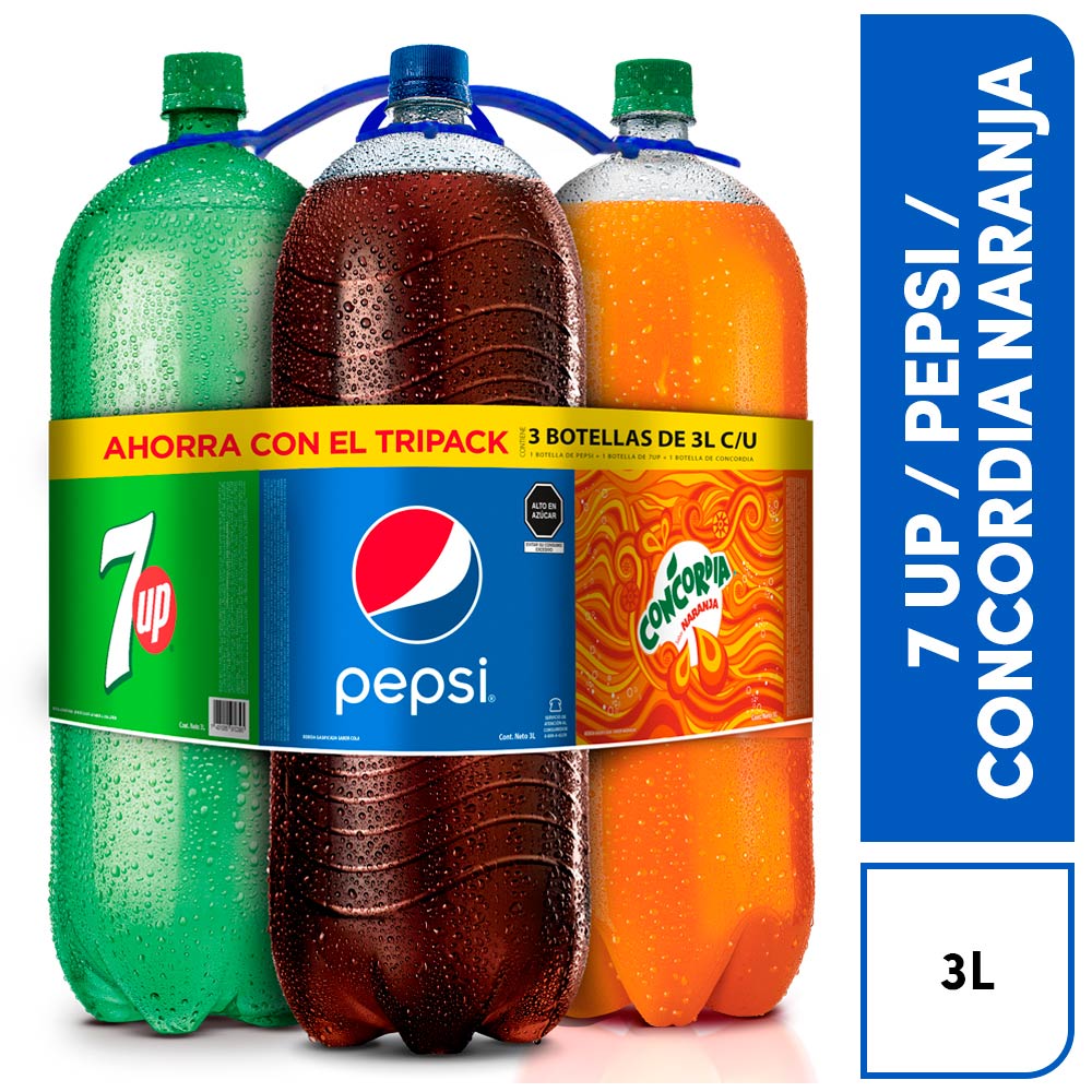 Tripack 7up + Concordia Naranja + Pepsi 3 L c/u