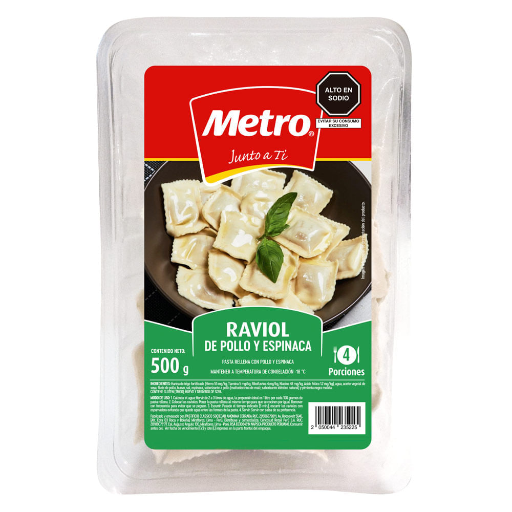 Ravioles de Pollo y Espinaca Metro 500g