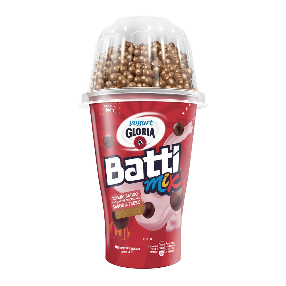 Yogurt Batido Sabor Fresa con Bolitas de Chocolate Gloria Batti Mix 146g