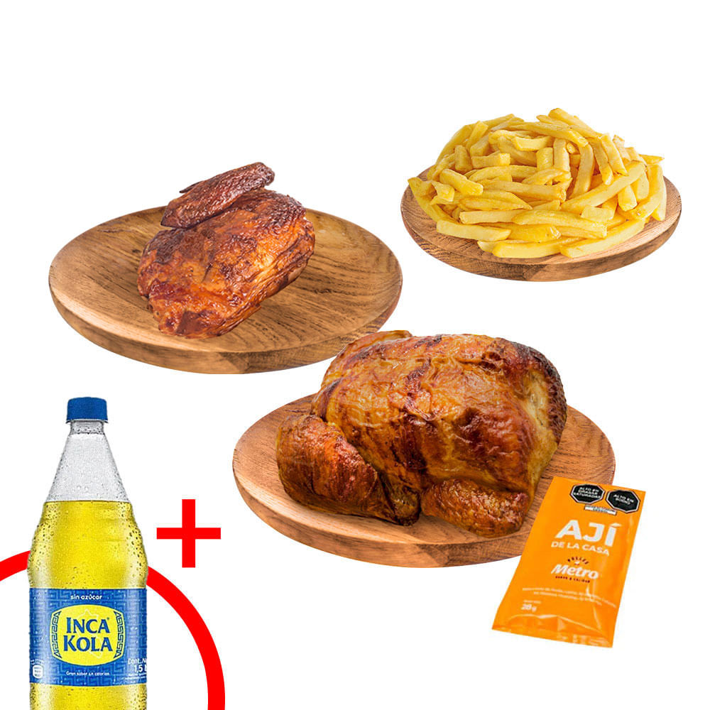 Pollo Rostizado + 1/4 Pollo Rostizado + Papas Fritas + Gaseosa Inca Kola Sin Azúcar 1.5L