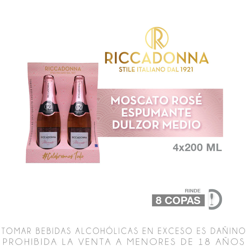Fourpack Espumante Semi Dulce Riccadonna Moscato Rosé Botella 200ml