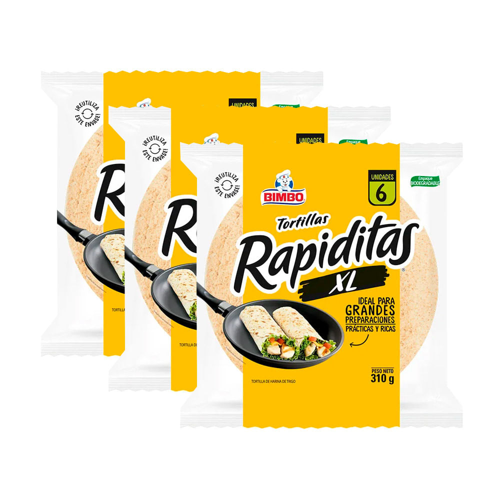 Pack x3 Tortillas de Trigo Clásicas Rapiditas Wraps Bimbo Paquete 310g