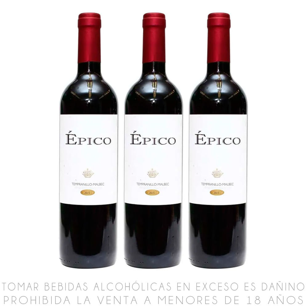 Tripack Vino Tinto Tempranillo Malbec Épico Botella 750ml