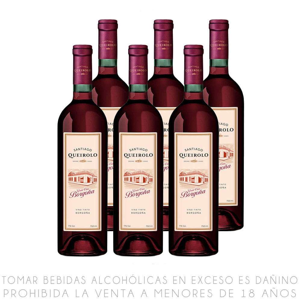 Sixpack Vino Tinto Semiseco Borgoña Queirolo Botella 750ml