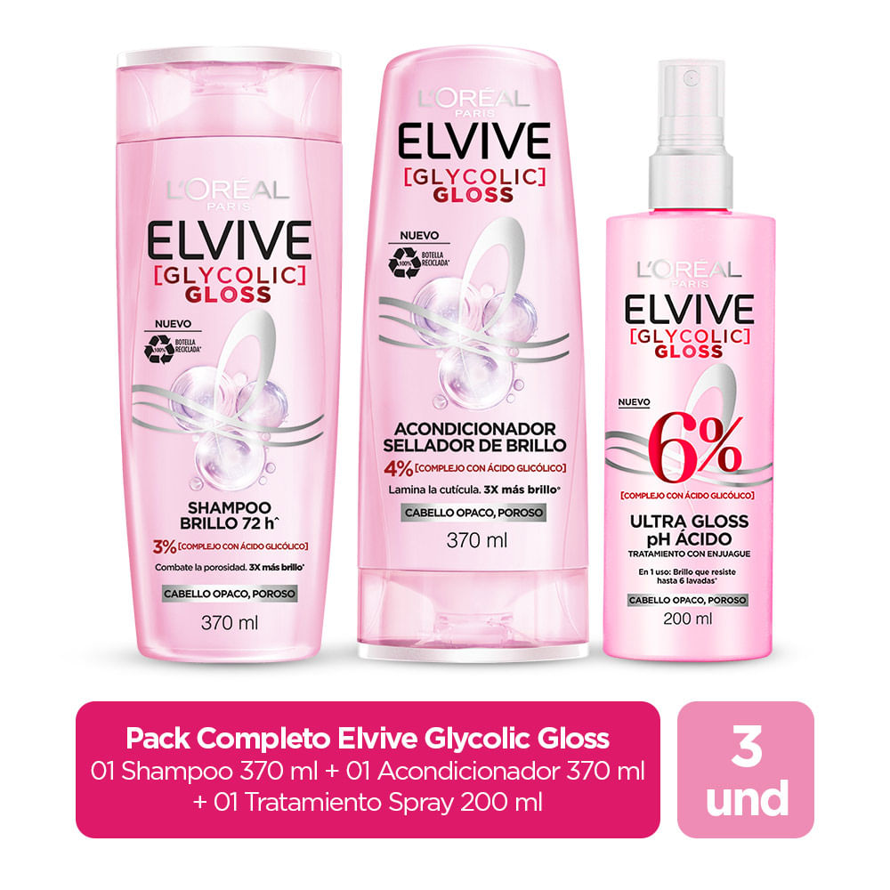 Pack Elvive Glycolic Gloss: Shampoo + Acondicionador + Tratamiento Gloss
