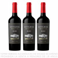 Tripack Vino Tinto Malbec Santa Julia Reserva Botella 750ml
