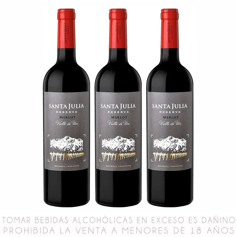 Tripack Vino Tinto Merlot Santa Julia Reserva Botella 750ml