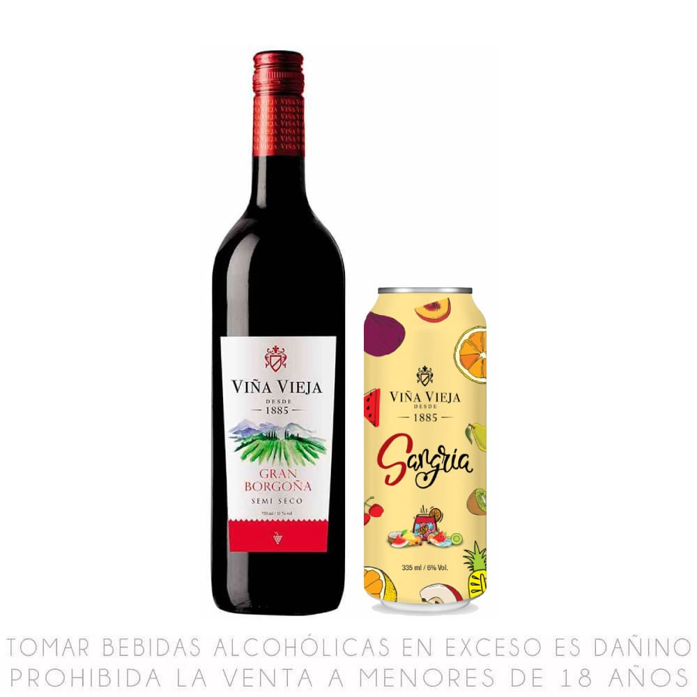 Pack Viña Vieja: Vino Tinto Gran Borgoña Botella 750ml + Sangría Botella 750ml