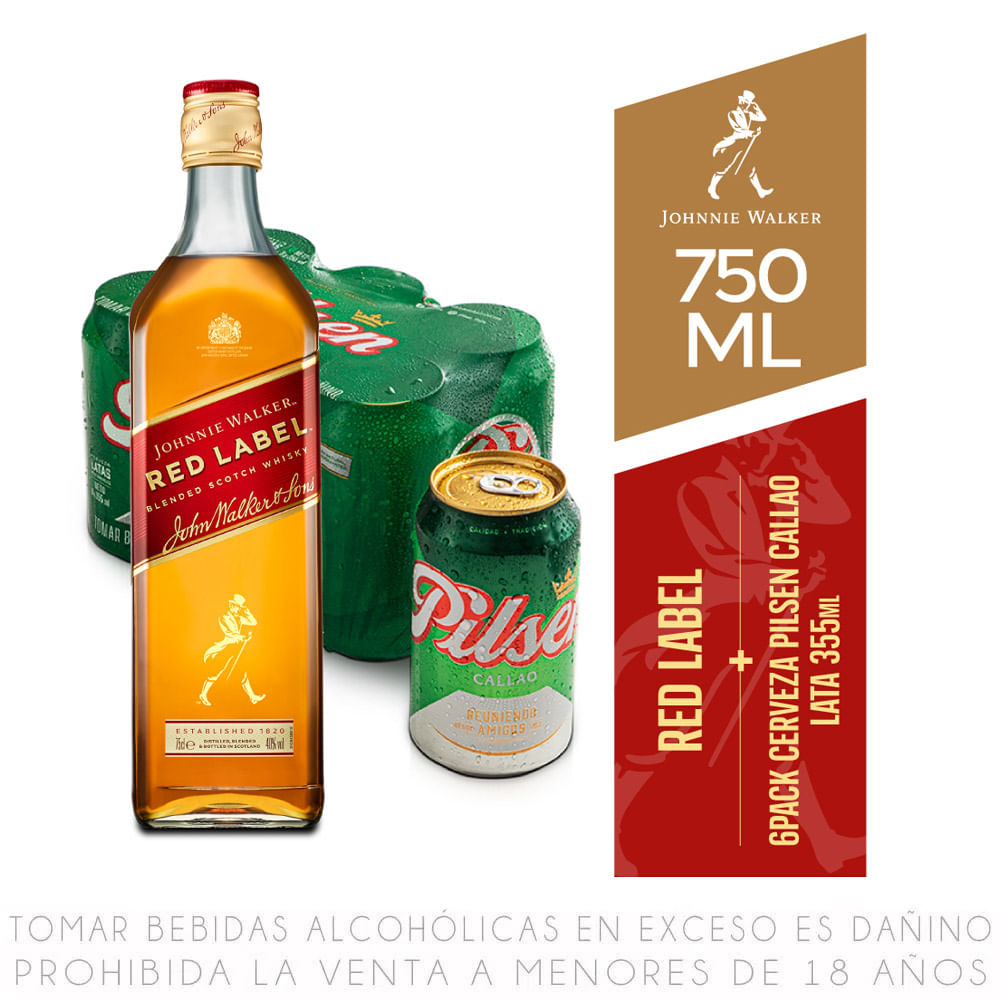 Whisky Johnnie Walker Red Label 750ml + Sixpack Cerveza Pilsen Callao Lata 355ml