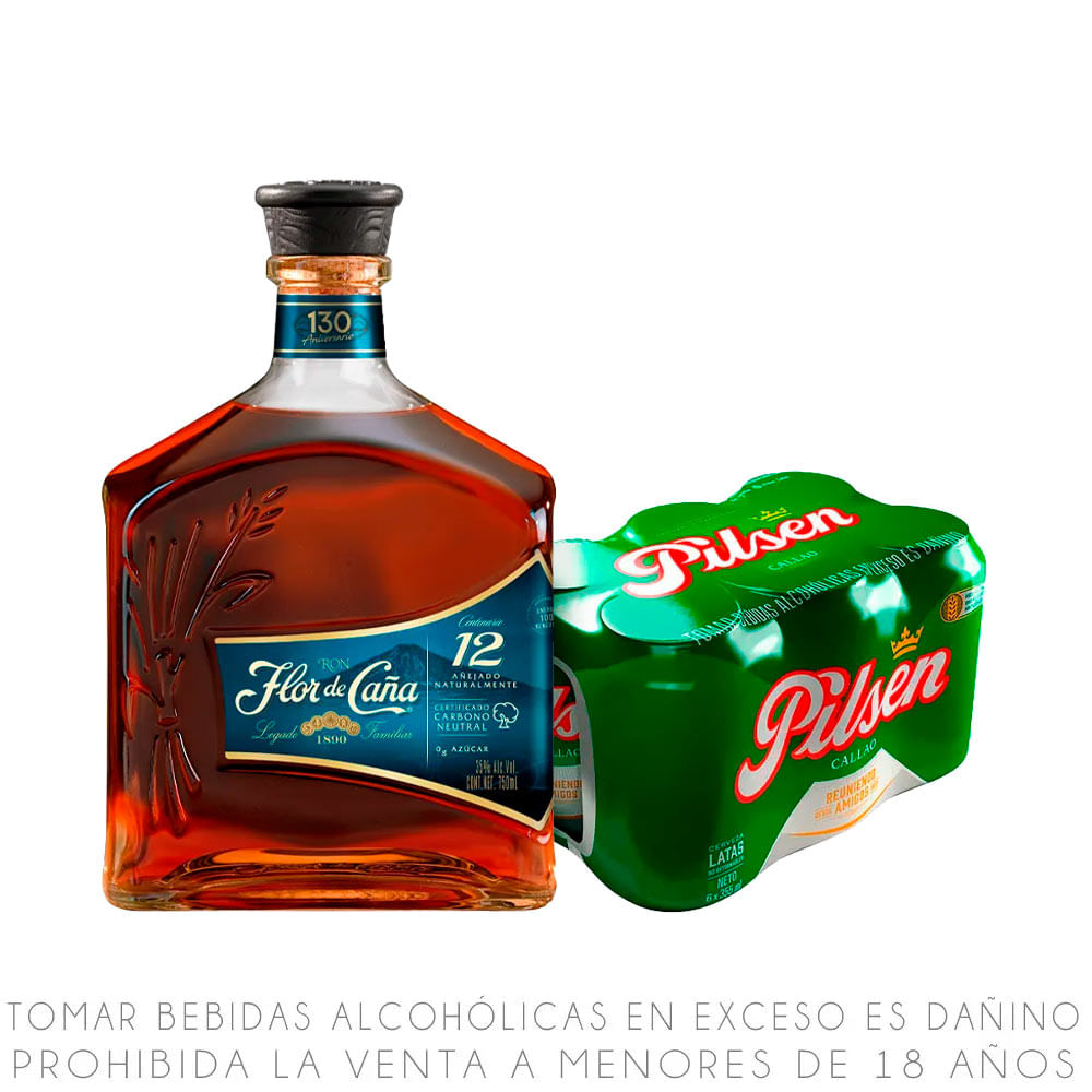 Ron Flor de Caña 12 Años 750ml + Sixpack Cerveza Pilsen 355ml