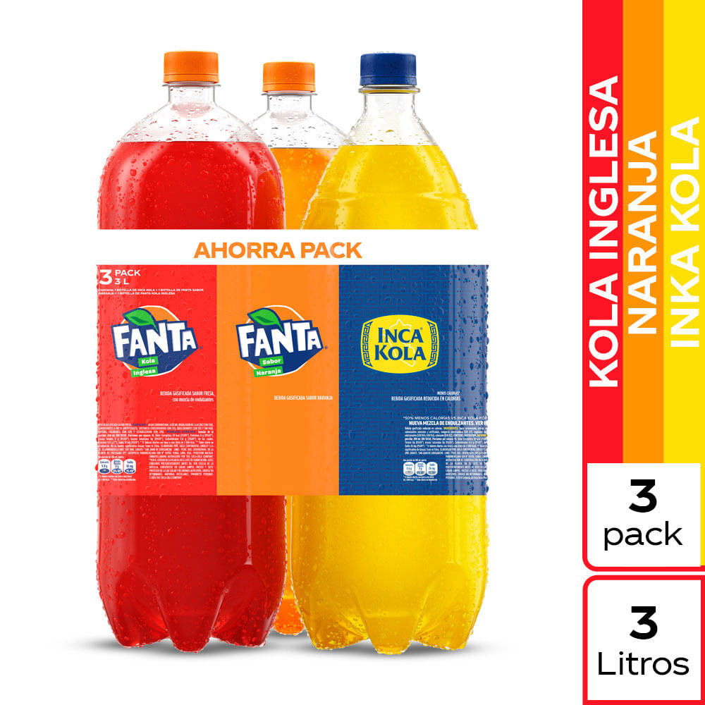 Mix de Gaseosas Botella 3L: Fanta Kola Inglesa + Fanta + Inca Kola