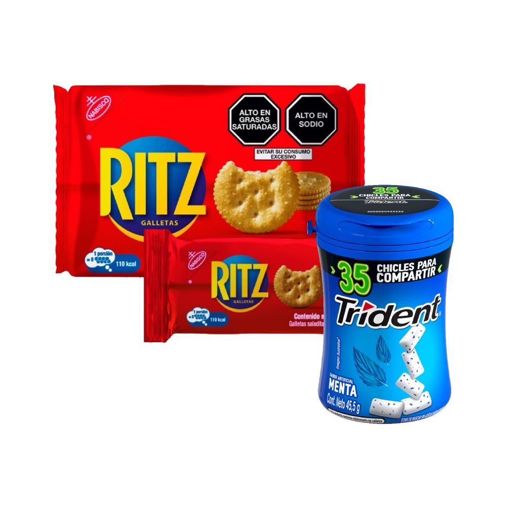 Chicles Sin Azúcar Trident Menta 45.5g + Sixpack Galletas Ritz Original 20g