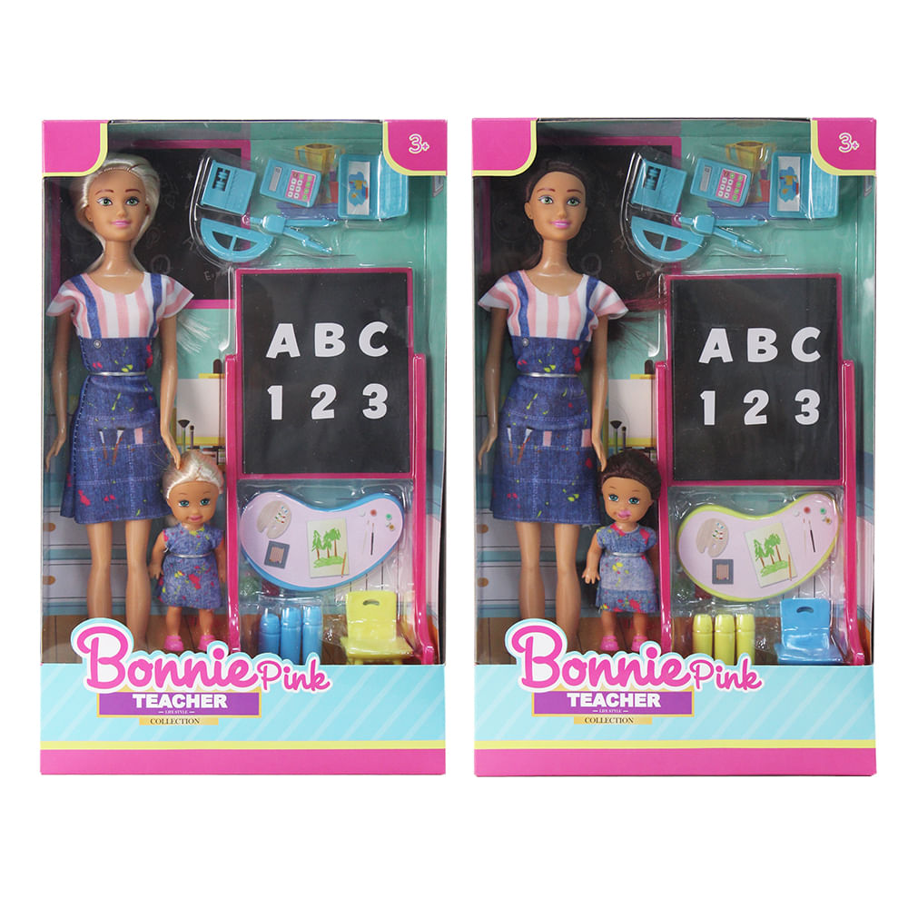 Muñeca Bonnie Pink Profesora + Pizarra + Niña Surtido