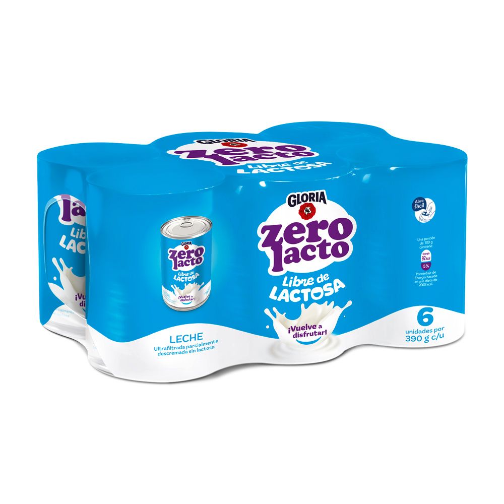 Sixpack Leche Ultrafiltrada Sin Lactosa Gloria Zero Lacto Lata 390g