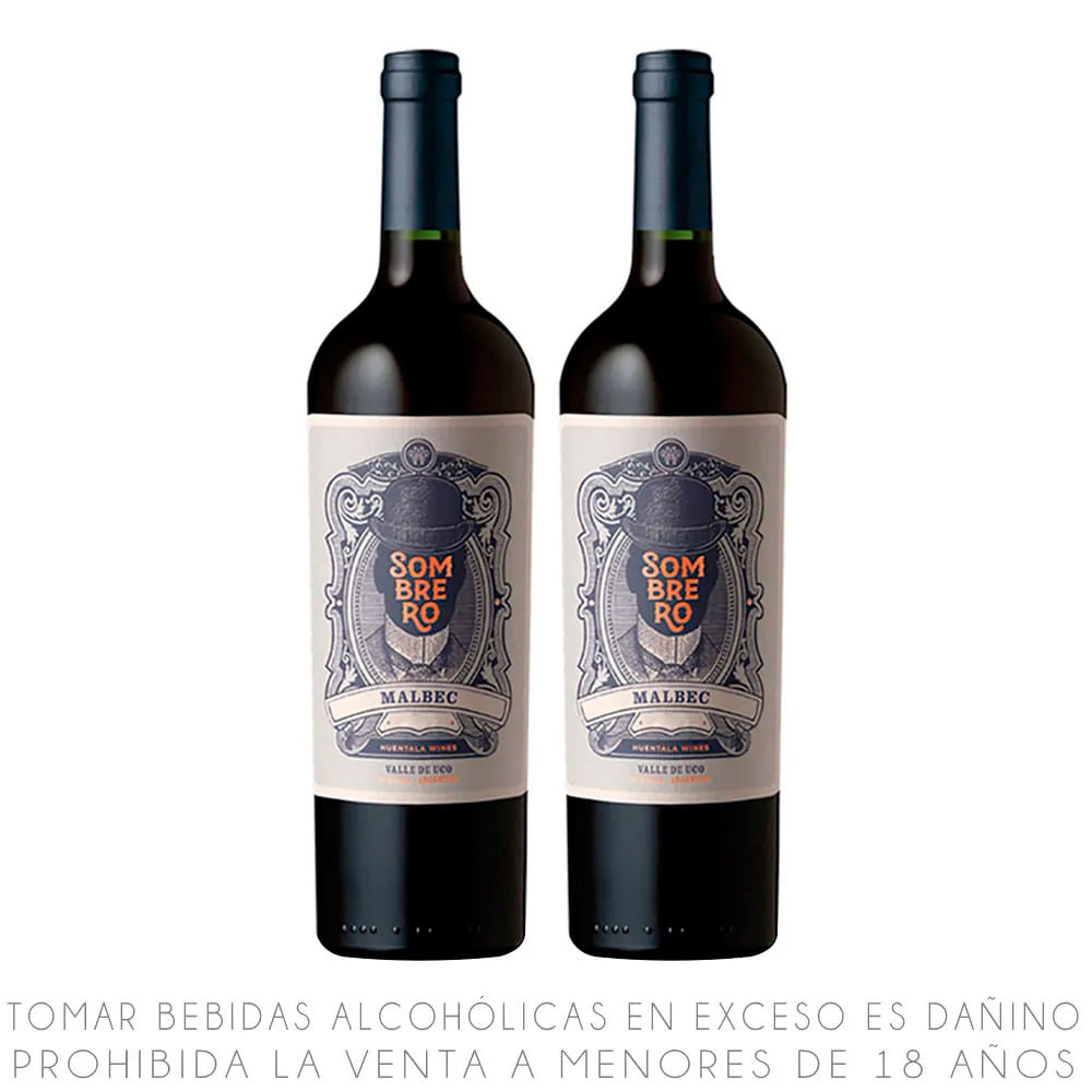 Twopack Vino Tinto Malbec Sombrero Reserva Botella 750ml