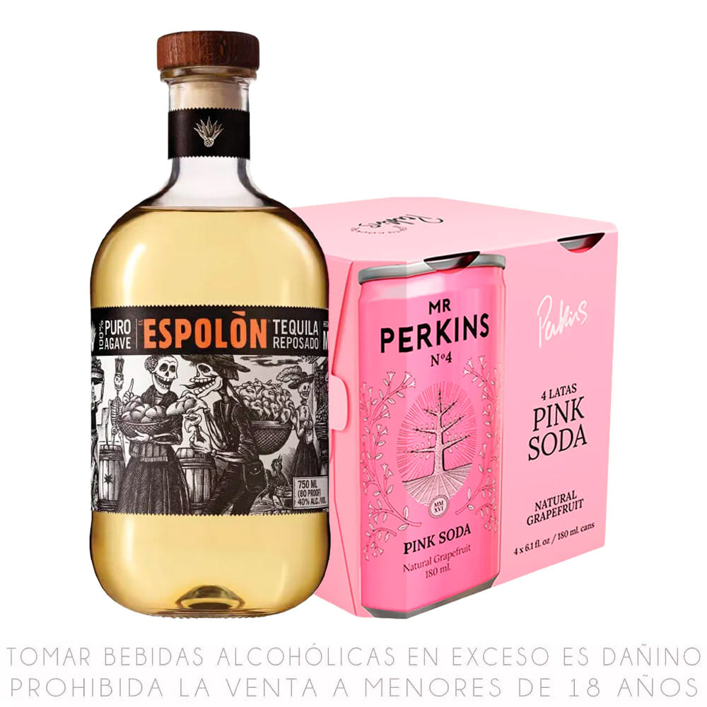 Tequila Espolón 750ml + Fourpack Mr Perkins Pink Soda Lata 180ml