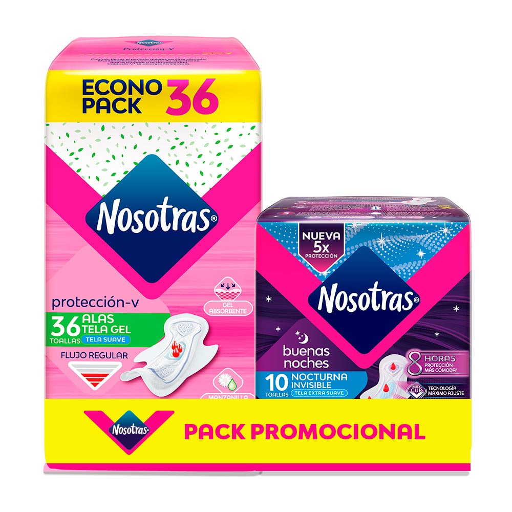 Pack Toallas Higiénicas Nosotras: Tela Gel 36un + Nocturna Invisible 10un