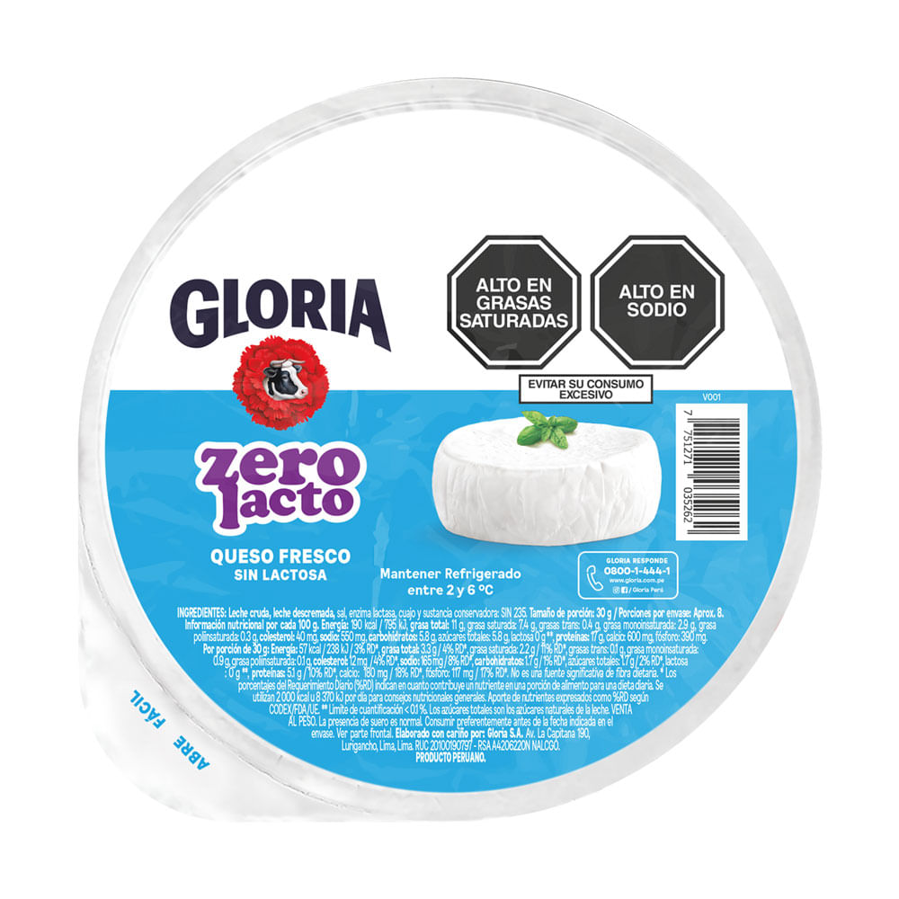 Queso Fresco Sin Lactosa Gloria Zero Lacto x kg (250g aprox)
