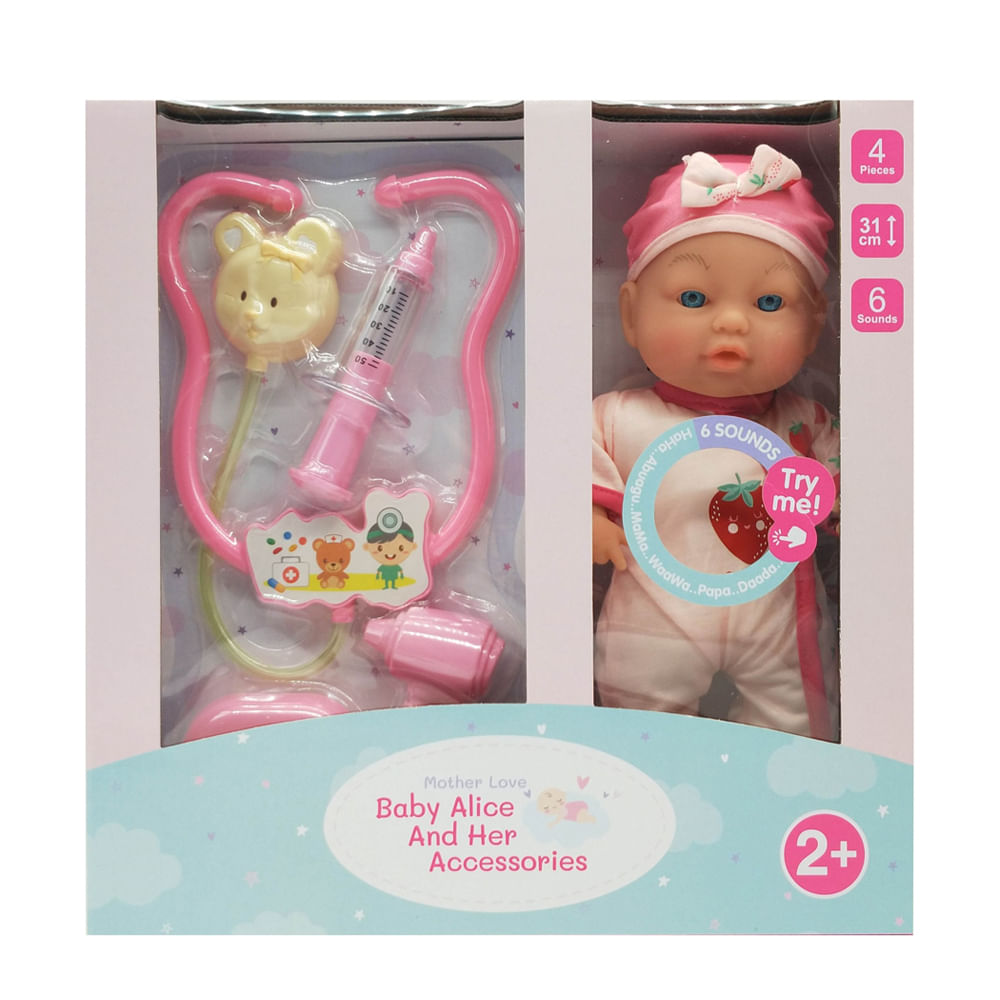 Muñeca Mother Love con 6 sonidos y 4 accesorios