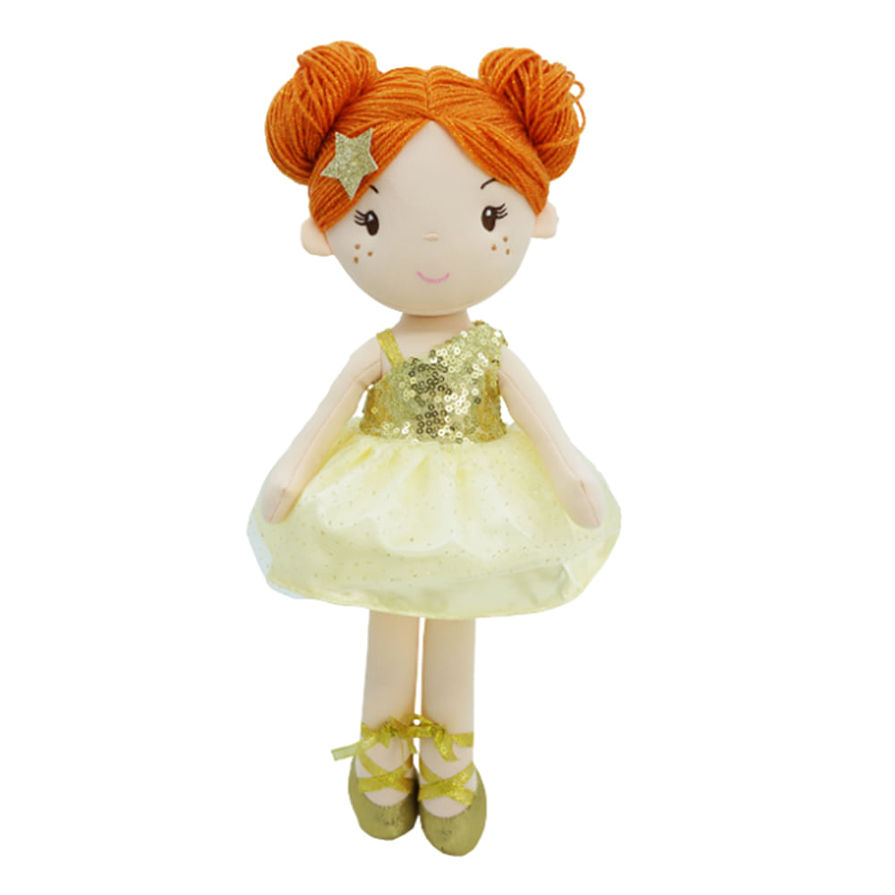 MUÑECA CABELLO NARANJA YVESTIDO DORADO