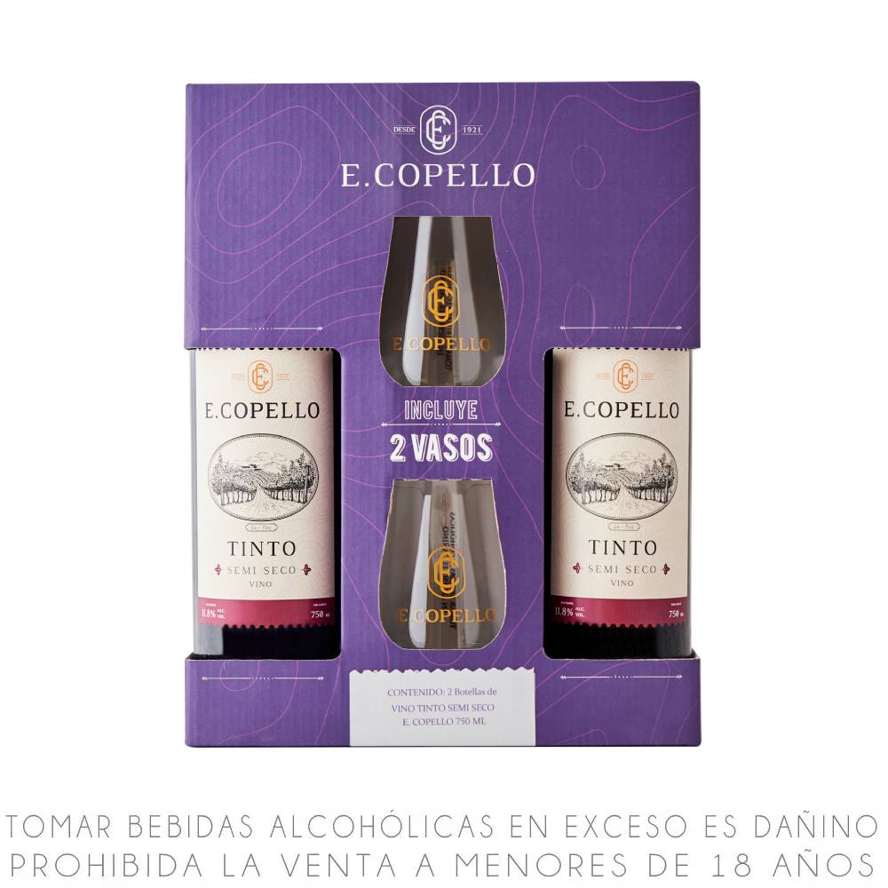 Pack E. Copello: 2un Vino Tinto Semi Seco Botella 750ml + 2 Vasos