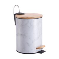 Basurero Krea Pedal Bambú Diseño Mármol Blanco 3L
