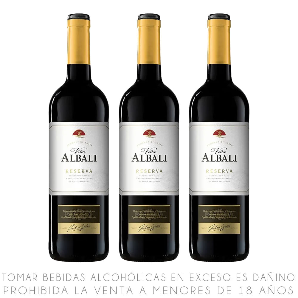 Tripack Vino Tinto Tempranillo Viña Albali Reserva Botella 750ml