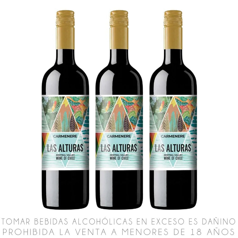 Tripack Vino Tinto Carmenere Las Alturas Botella 750ml
