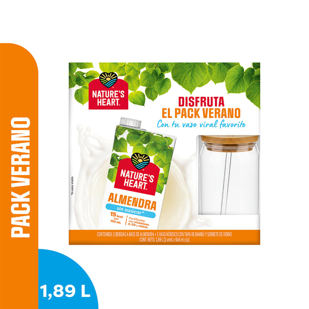 Pack Nature's Heart: 2un Bebida de Almendra Sin Azúcar 946ml + Vaso Nórdico