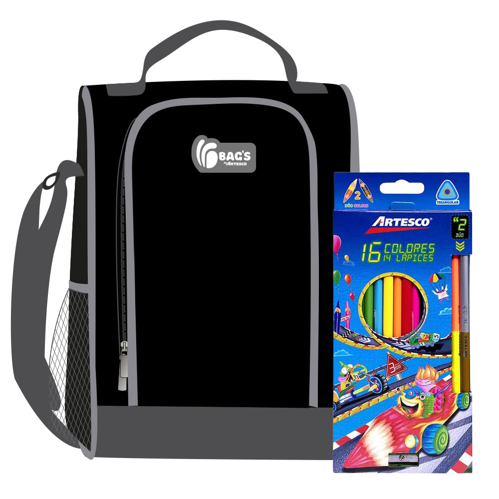 Pack Lonchera Termica Negro Plomo + Colores 12un