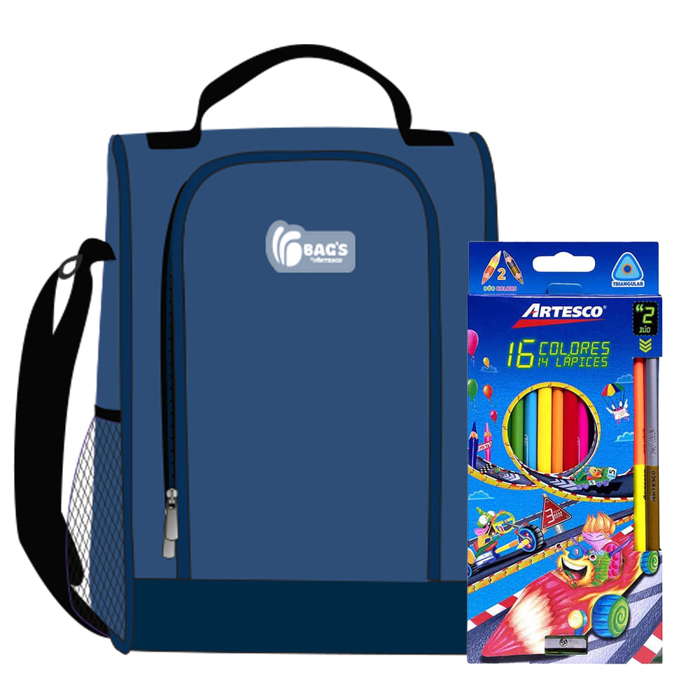 Pack Lonchera Termica Azul + Colores Artesco 12un