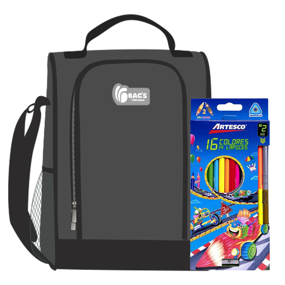 Pack Lonchera Termica Gris + Colores Artesco 12un