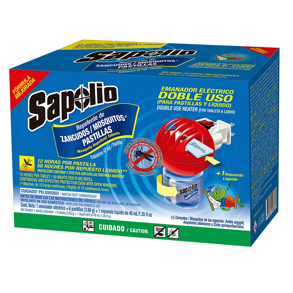 Repelente Doble Sapolio: Emanador + Líquido 40ml + Pastilla 6un
