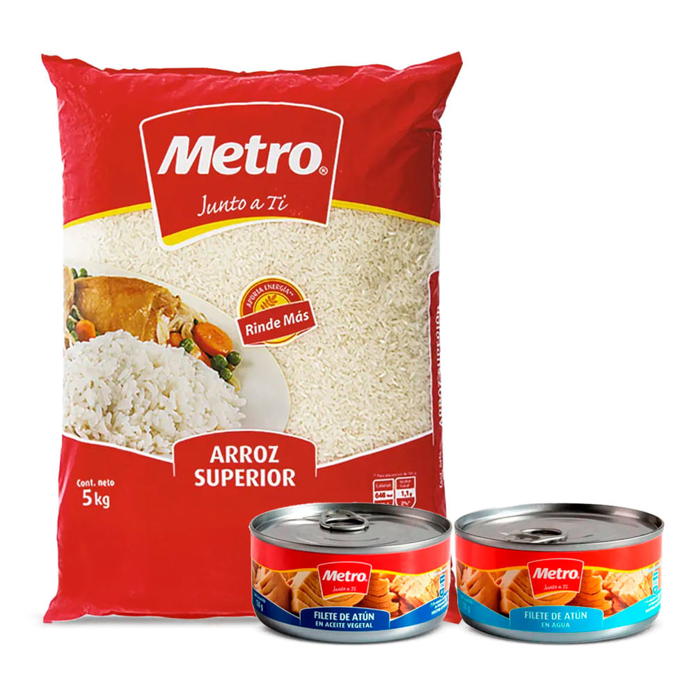 Pack Metro: Arroz Superior 5kg + Filete Atún en Agua 140g + Filete Atún en Aceite 140g