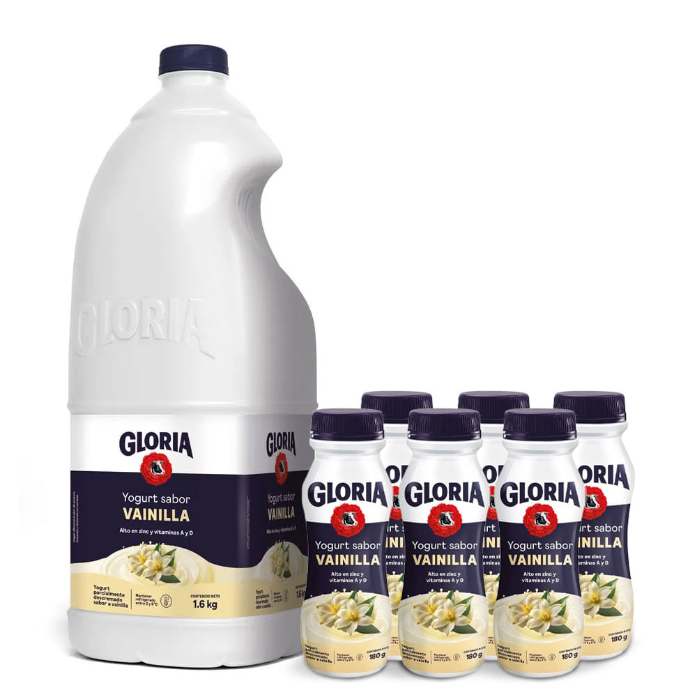 Pack Yogurt Bebible Gloria Vainilla: 1.6kg + Sixpack Botella 180g