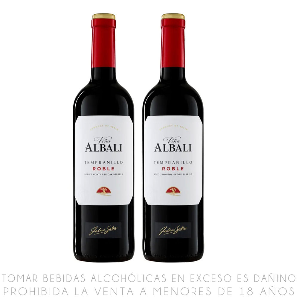 Twopack Vino Tinto Tempranillo Viña Albali Roble Botella 750ml