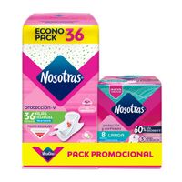 Pack Toallas Higiénicas Nosotras: Tela Gel 36un + Larga Extra Suave 8un